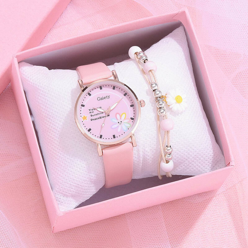 Box Set Cartoon Daisy Macaron Riem Armband Horloge Mode Bevatten Lederen Luxe Horloge Set Lederen Pols