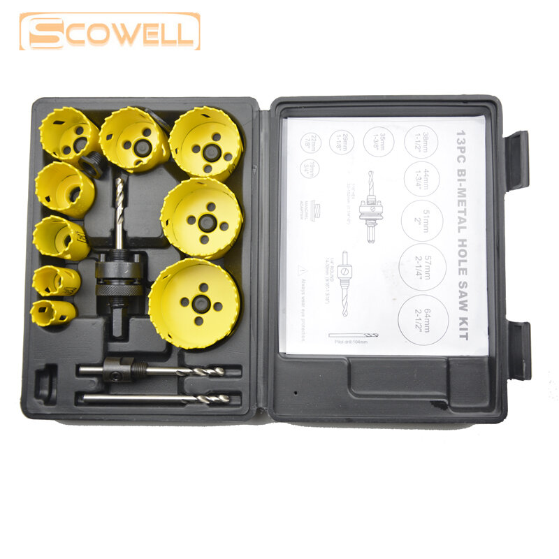 SCOWELL-Kit de scie cloche bimétallique avec foret arbre, couronne, bois, métal, alésage, 19mm à 64mm, 13 pièces