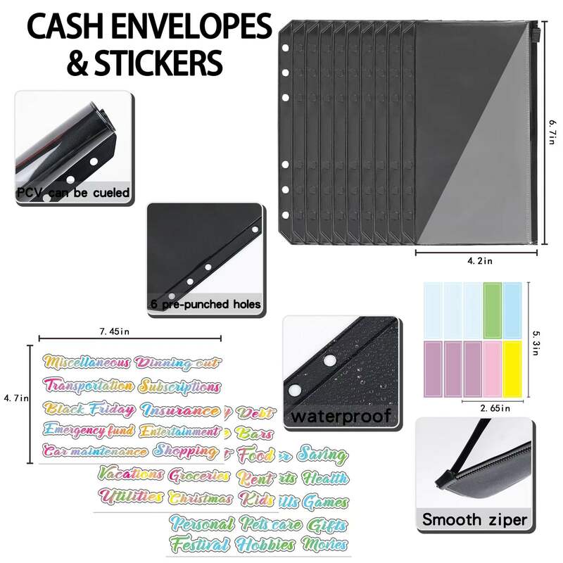 A6 Budget Binder Money Envelopes Organizer for Saving, 6 Ring Budget Planner with 10pcs Zipper Cash Envelopes, 14pcs Budget card