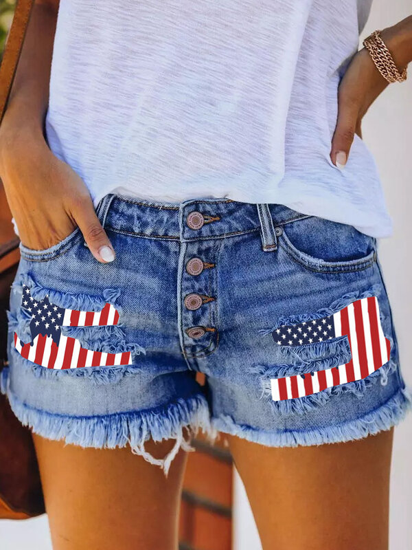 Women Jeans Shorts Denim Washing Tassel Print High Waist Holes Spliced Summer Button Pockets Sexy Slim Fit Distressed 2024