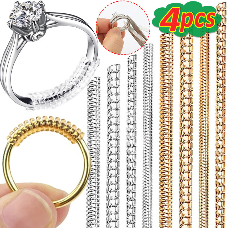 Herramientas reductoras de tamaño de anillo de 4 piezas, anillos a base de resorte en espiral, ajustables, Tensor transparente Invisible, herramienta de redimensionamiento, protector de joyería