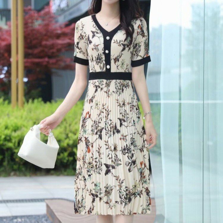 Женское шифоновое платье-миди с V-образным вырезом и коротким рукавом