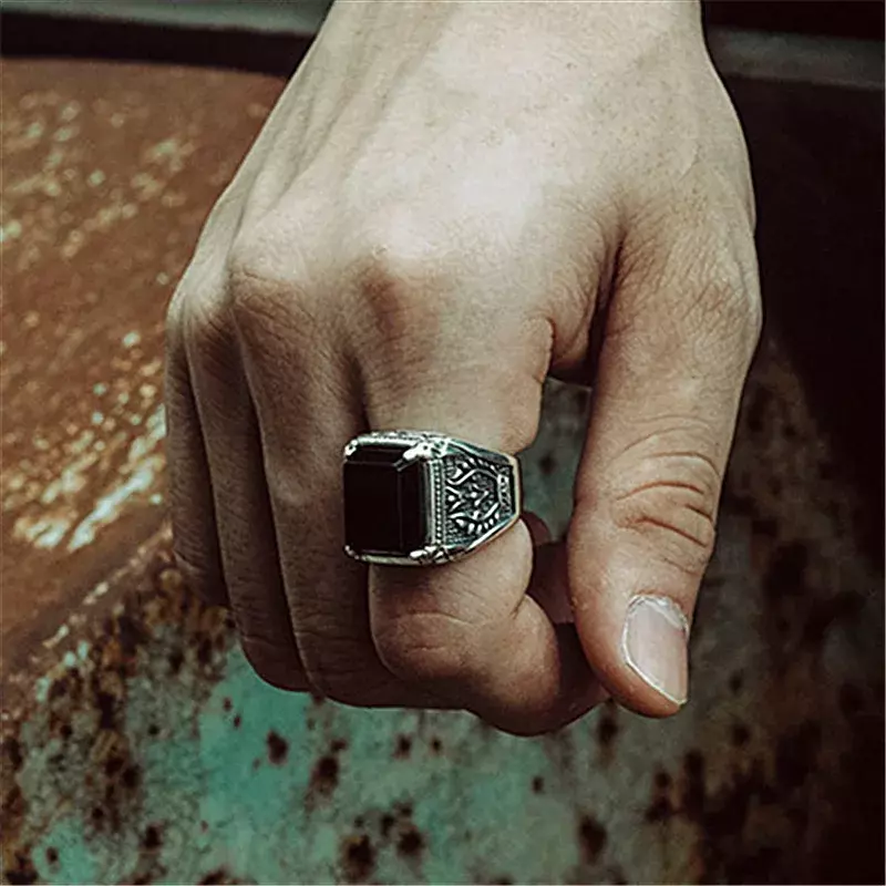 Новинка серебряное креативное геометрическое инкрустированное черным агатом кольцо властителя для мужчин и женщин крупное регулируемое кольцо