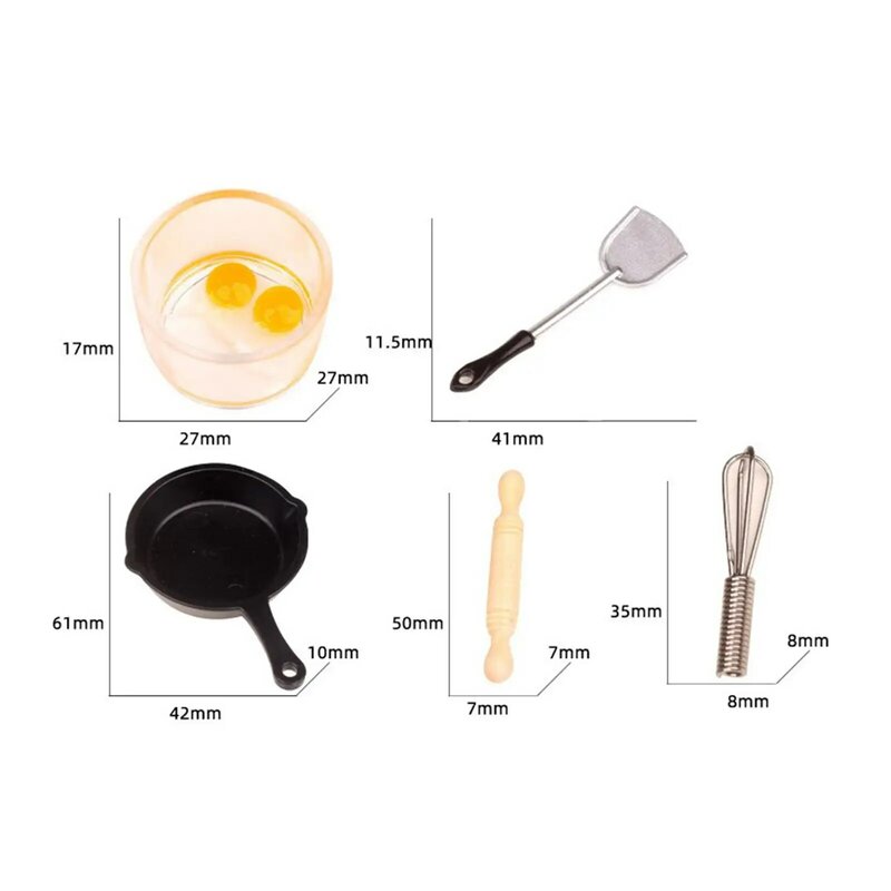 Narzędzie do gotowania w domu dla lalek 7x1:12 zawiera jajko, wałek do ciasta, deskę do krojenia, miskę, trzepaczkę, patelnię i szpatułkę lalki zabawkowe meble