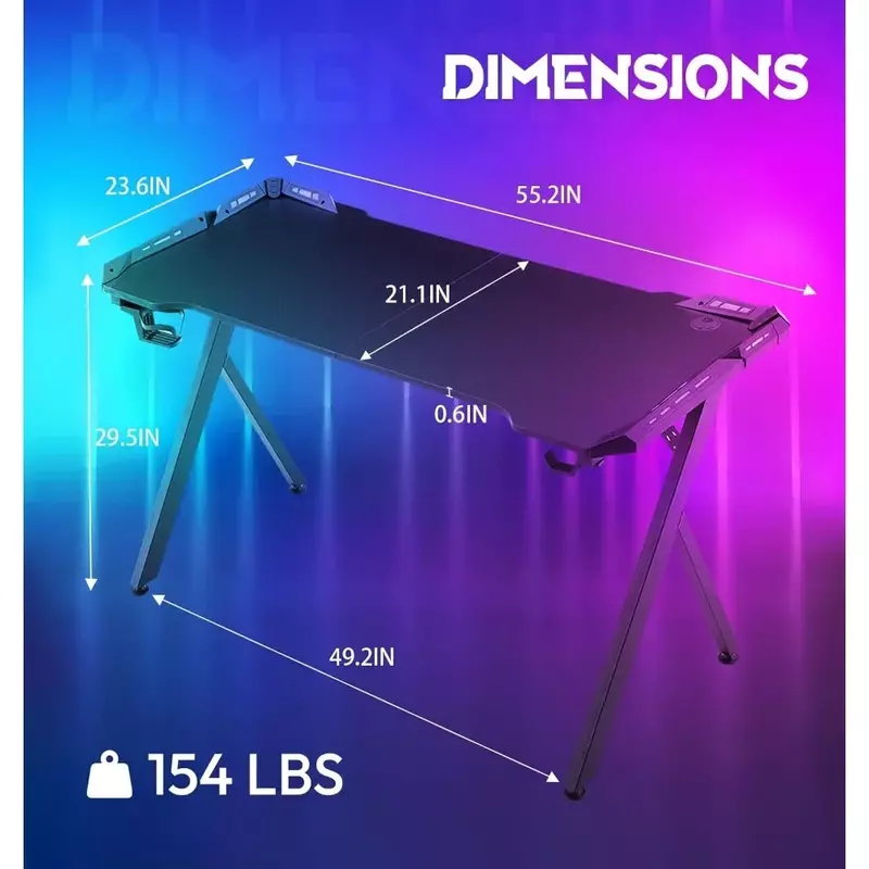Gaming desk with LED lights, RGB gaming computer desk with carbon fiber surface, LED home desk with remote control