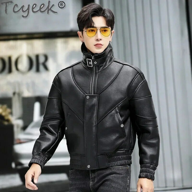 Tcyeek-Jaqueta solta de couro genuíno masculina, casaco de pele real, casacos de inverno, pele de carneiro natural, moda
