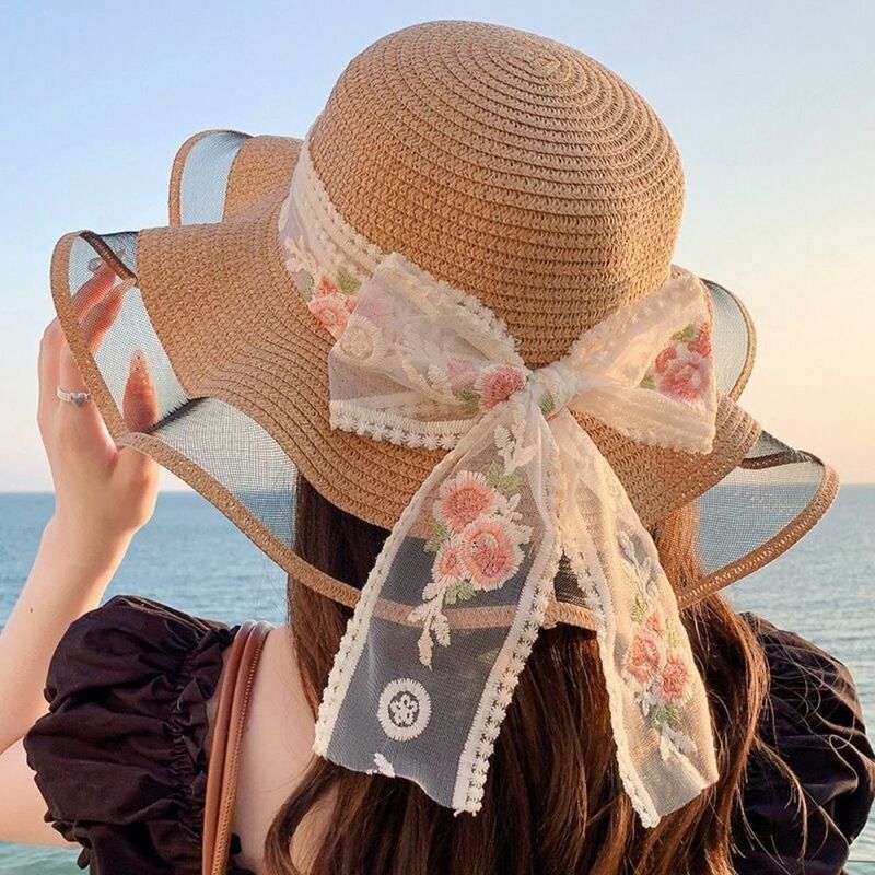 Na co dzień damski kapelusz przeciwsłoneczny słodka koronkowa kokardka ochrona UV kapelusz rybaka wakacje na plaży czapka przeciwsłoneczna lato