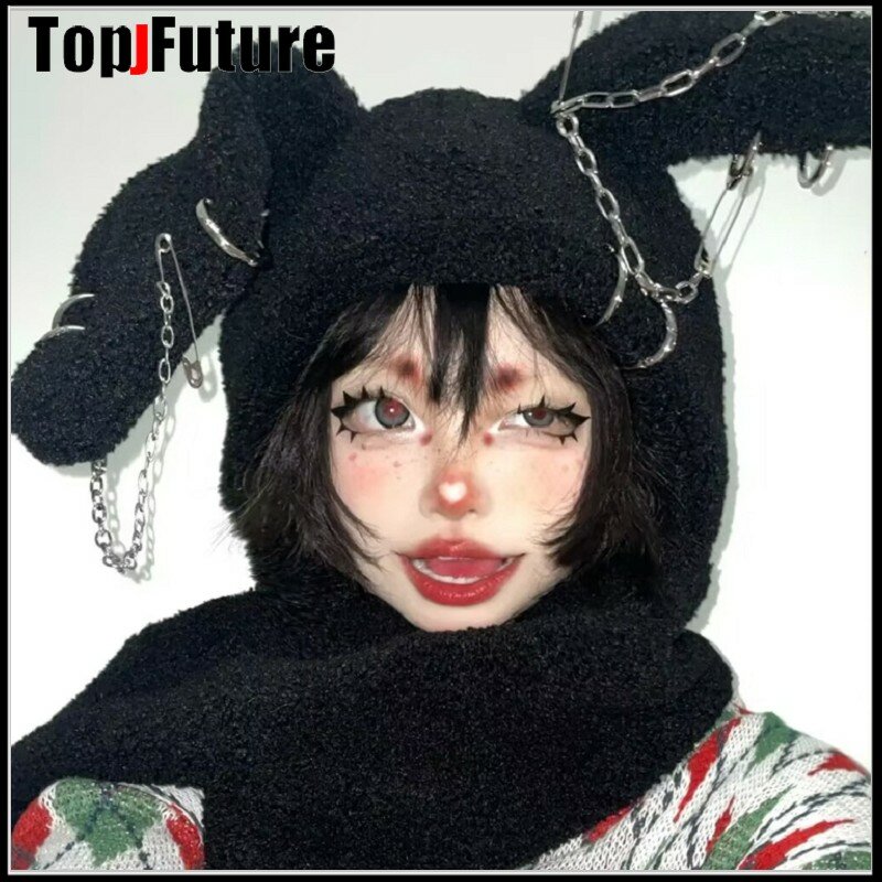 Japanese Harajuku Y2K Girls Long Rabbit Ear Hat Gothic Black Cross Chain Lambswool Winter Warm Hooded Scarf Caps Streetwear Hats