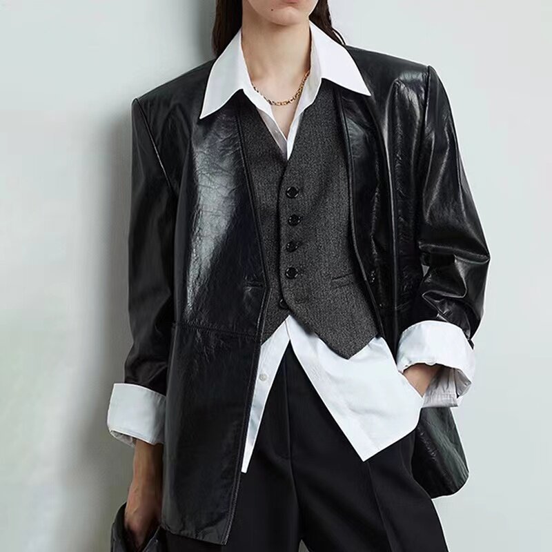 Ladies Leather Coat Spring Autumn Vintage Uncoated Oily Wax Sheepskin Fashion V-Neck Loose Suit Jacket Chaqueta De Cuero Mujer