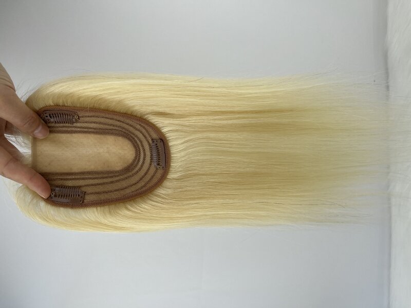 #613 pirang Ombre Remy rambut manusia puncak untuk wanita dua warna 10X14CM 35cm kulit sutra dasar rambut palsu dengan 3 klip dalam potongan rambut manusia