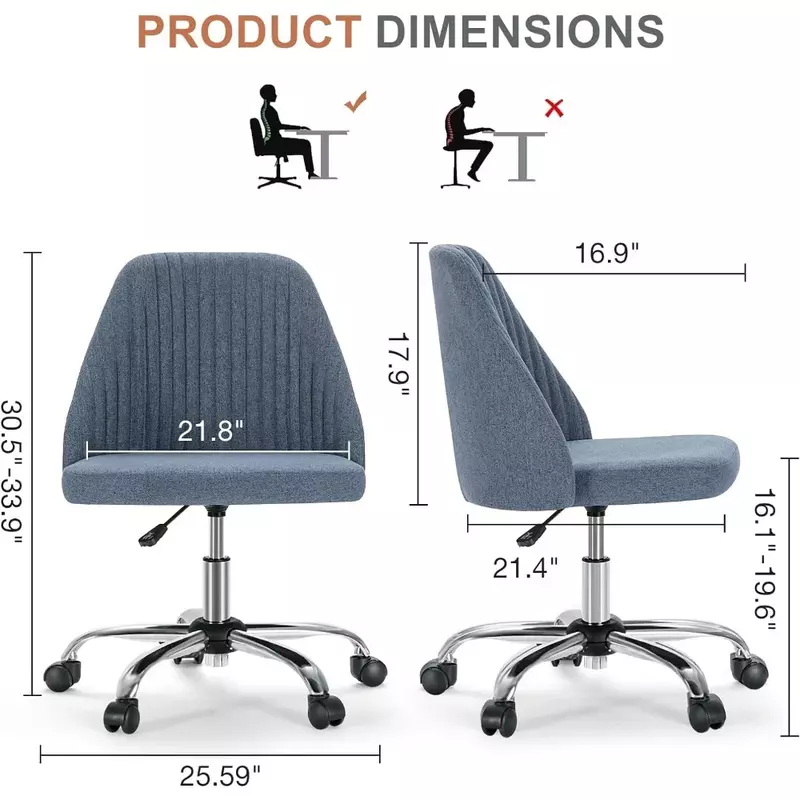 Cadeira de escritório moderna, cadeira giratória com rodas, cadeira giratória com banco traseiro, confortável e sem braços, cadeiras de mesa