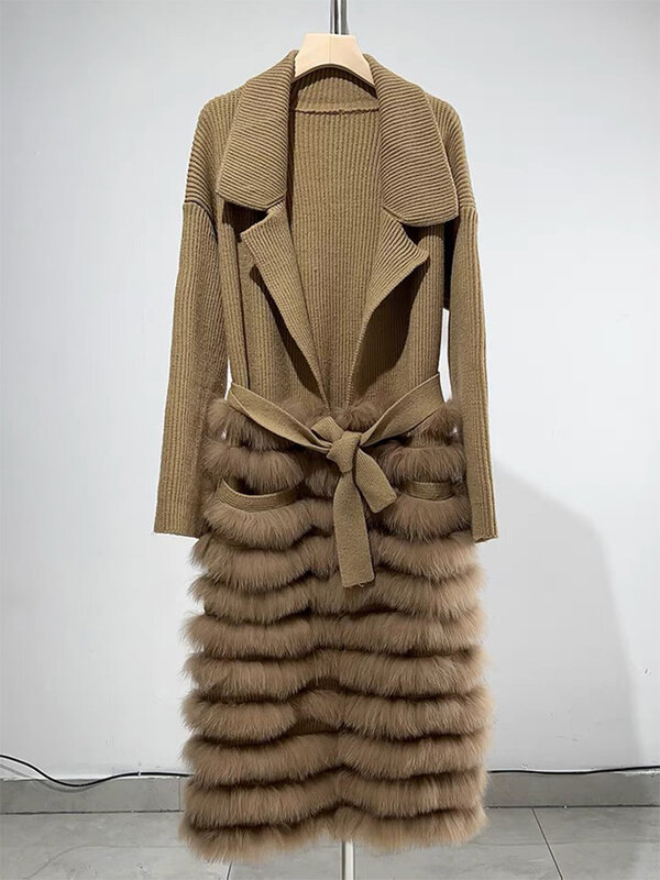 Kobiety luksusowy nowy projekt prawdziwe futro z lisa pas sweter jesień Fox dekoracja z furtra pani długi gruby wielbłąd sweter kurtka płaszcz