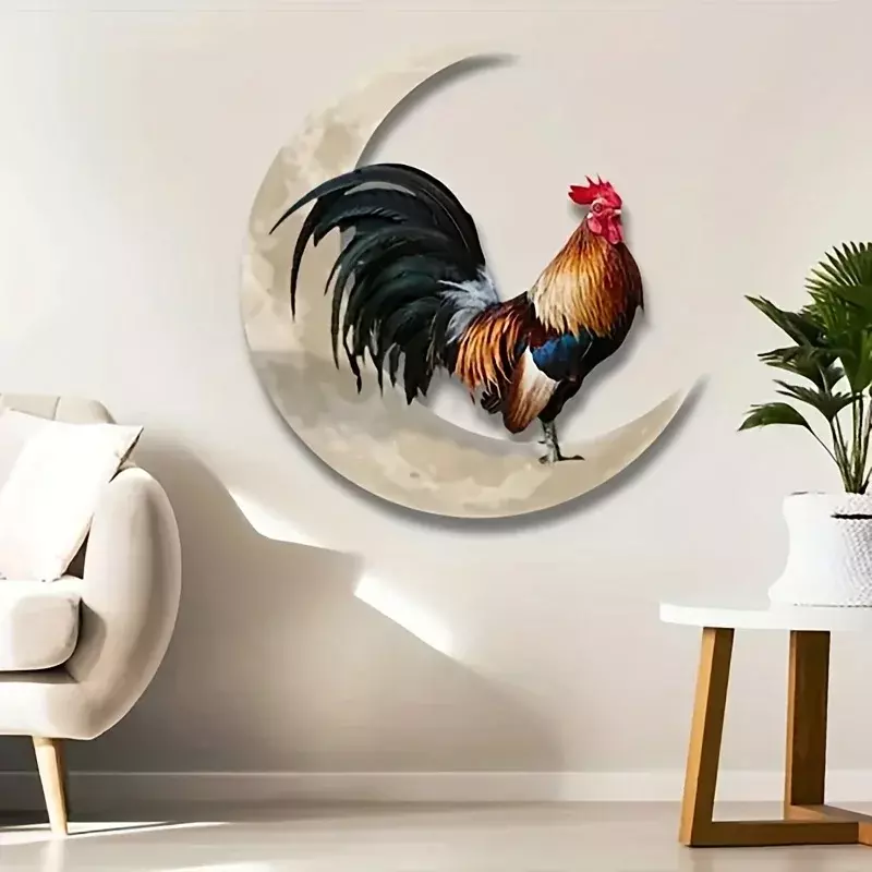 Metal Wall Hanging Decoration Wrought Iron Crafts Outdoor Garden Courtyard Moon Rooster Metal Ornaments Pendant Home Decoration