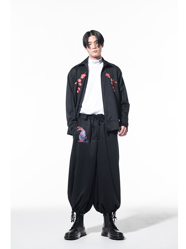 Штаны с вышивкой карпа, йоhji yamamotos, брюки оверсайз с широкими штанинами, брюки унисекс yohji, брюки для мужчин, штаны с воздушными шариками, брюки с завязкой