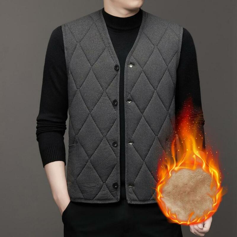 Men Fall Winter Vest Single-breasted Sleeveless Padded Solid Color Cardigan Solid Color Plus Size Mid Length Waistcoat Men Coat