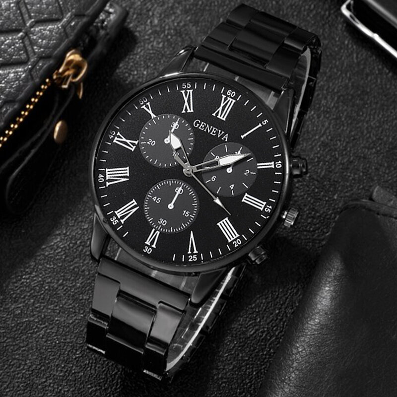 3PCS Set Fashion Mens Business Watches Men Casual Black Bracelet Necklace Stainless Steel Quartz Wrist Watch Relogio Masculino
