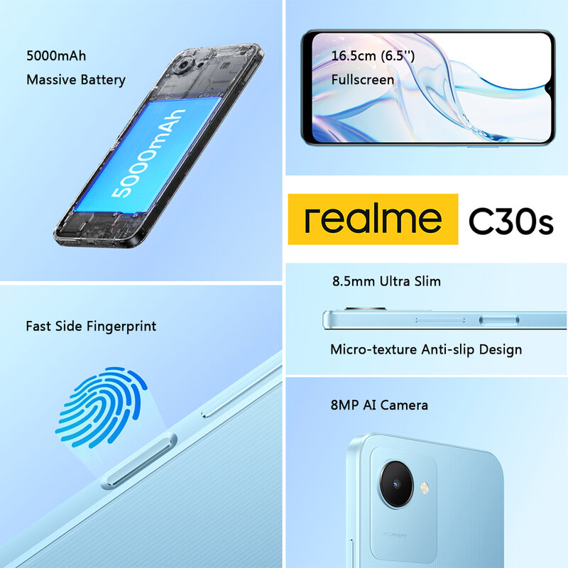 Realme-C30s Smartphone Versão Global de Tela Cheia, Celular, Bateria 5000mAh, 6,5 ", Octa Core, 3GB, 64GB, Câmera de 8MP, Impressão Digital