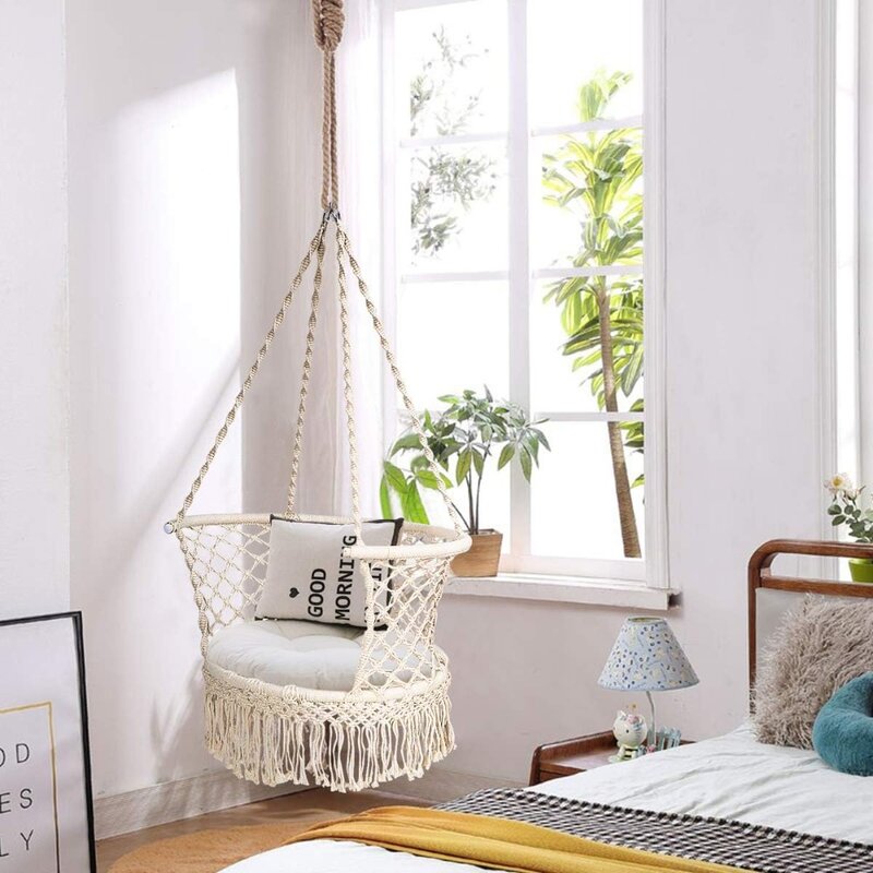 Giantex Hanging Hammock Chair, Macrame Hanging Chair 350 Pounds Capacity, Cotton Rope Handwoven Tassels Porch Swing Chair