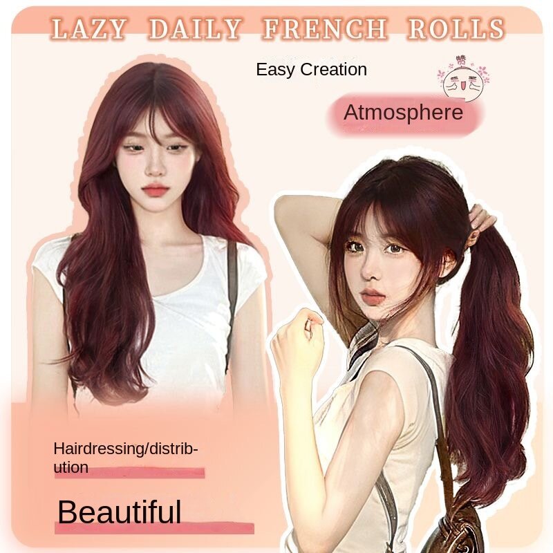 Wig female long hair rose red air long curly hair natural daily royal sister girl group lolita full headgear style