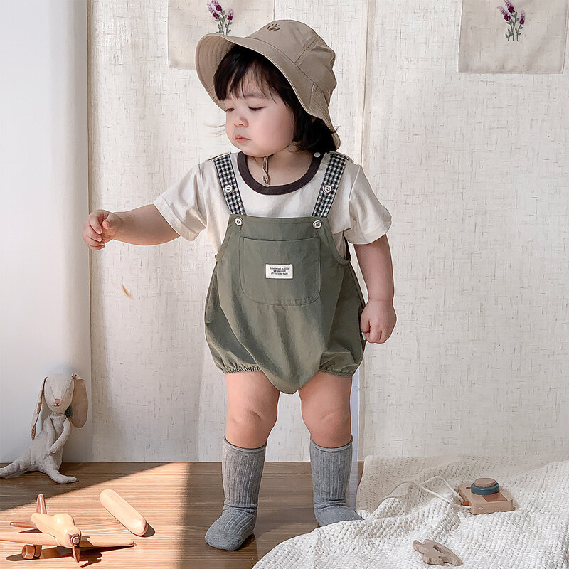 한국 여름 아기 소년 의류 세트, 코튼 반팔 티셔츠, 격자 무늬 스트랩 포켓, 얇은 작업복, 세트 유아 소년 복장, 2 개