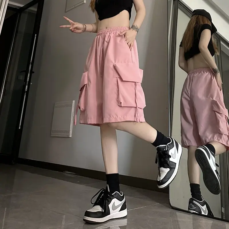 Gidyq damskie szorty Cargo z wysokim stanem w stylu amerykańskim Streetwear letnie spodnie z szerokimi nogawkami moda kobiece luźne szorty z dużą kieszenią nowość