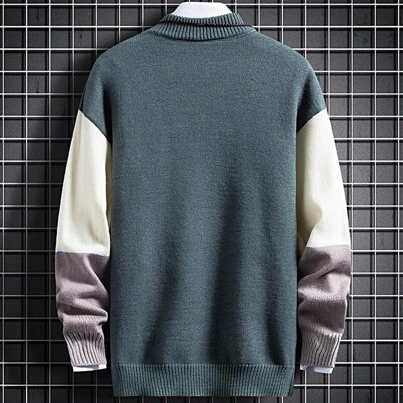 Winter Men Sweater Knitting Long Sleeves Crew Neck Contrast Color Loose Keep Warm Thick Elastic Anti-shrink Sweater