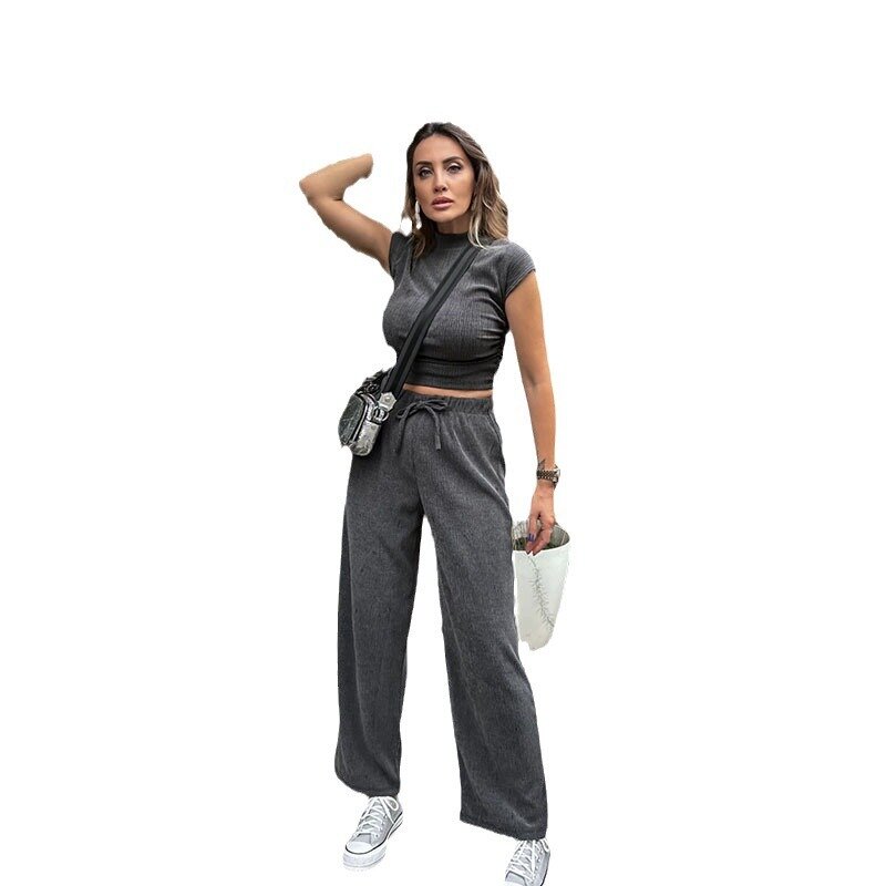 Setelan celana kerja wanita, kaus lengan pendek leher setengah tinggi dan celana pinggang tinggi dua potong