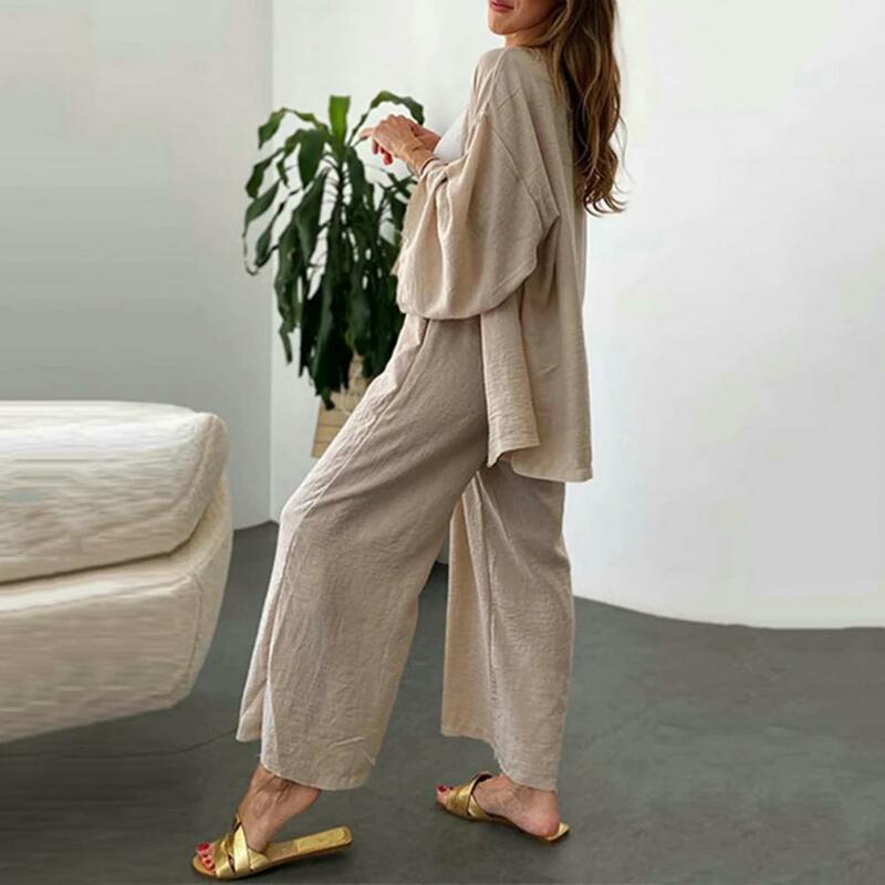 Conjunto de calças cardigan de 2 peças para mulheres, blusa de manga comprida, macia e respirável, perna larga, cintura elástica, combinação virilha
