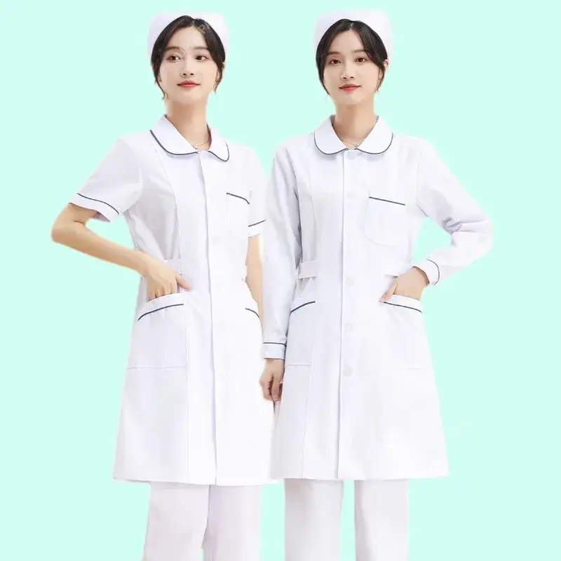 Hochwertige einreihige weiße lange Krankens ch wester Arzt Arbeits kleidung mit Taschen einfache Männer Frauen Labor Overalls Uniform tragen