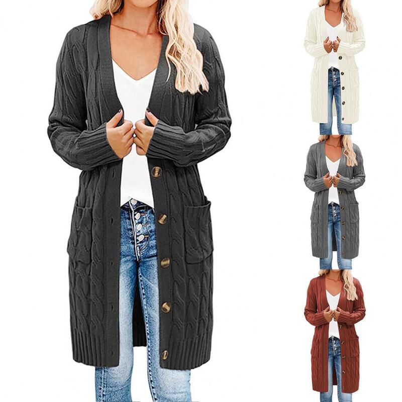 Trendy Solid Color Long Cardigan Sweater Thick Knitted Cardigan Button Down Long Knitted Coat for Daily Wear