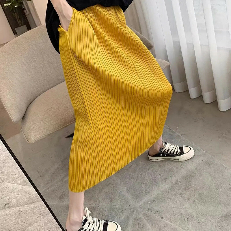 Miyake Pleated Skirt 2023 Summer New Fashion High Waist Skirts Womens Female Solid Calf Length Midi Skirt Casual Skirts Faldas