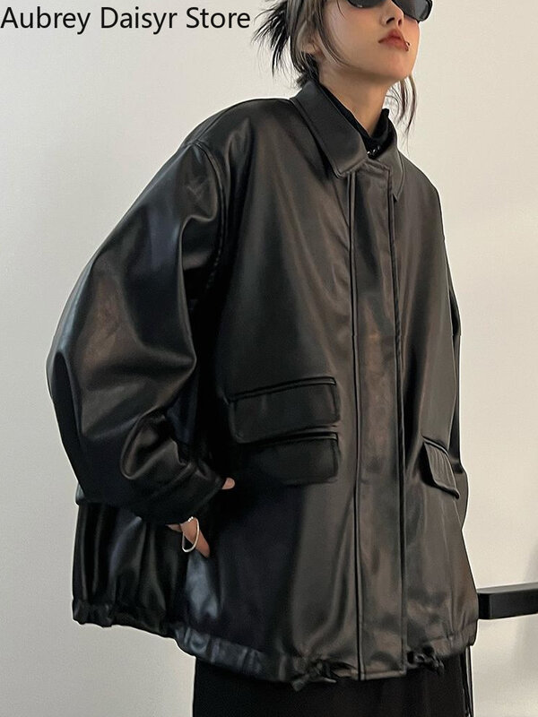 Jaqueta de couro punk preta feminina, streetwear de moto, casaco de couro com zíper, jaqueta vintage casual na rua alta, inverno, 2023