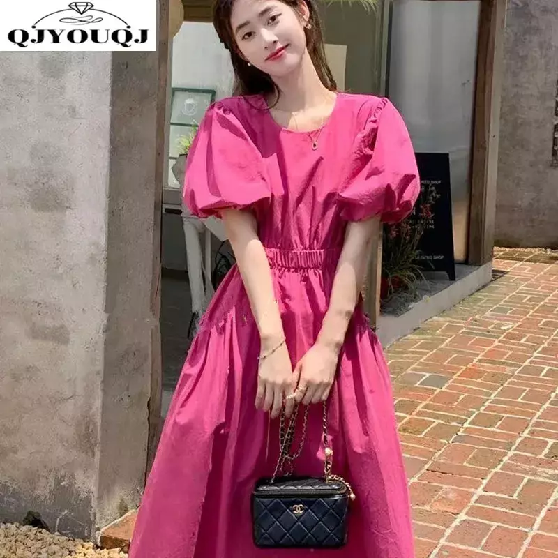 Gaun liburan pelangsing temperamen anak perempuan, gaun lengan pendek lengan gelembung kasual modis versi Korea baru 2024