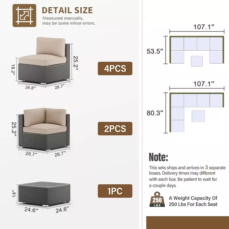 Sofa Sofa bagian luar ruangan, Set furnitur teras Modular anyaman rotan PE & bantal yang dapat dicuci & meja kopi kaca