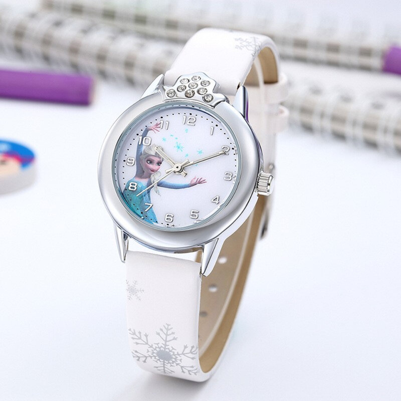 Elsa reloj de correa de cuero para niños, dibujos animados de Anime, corona de princesa, regalos de mesa para niñas