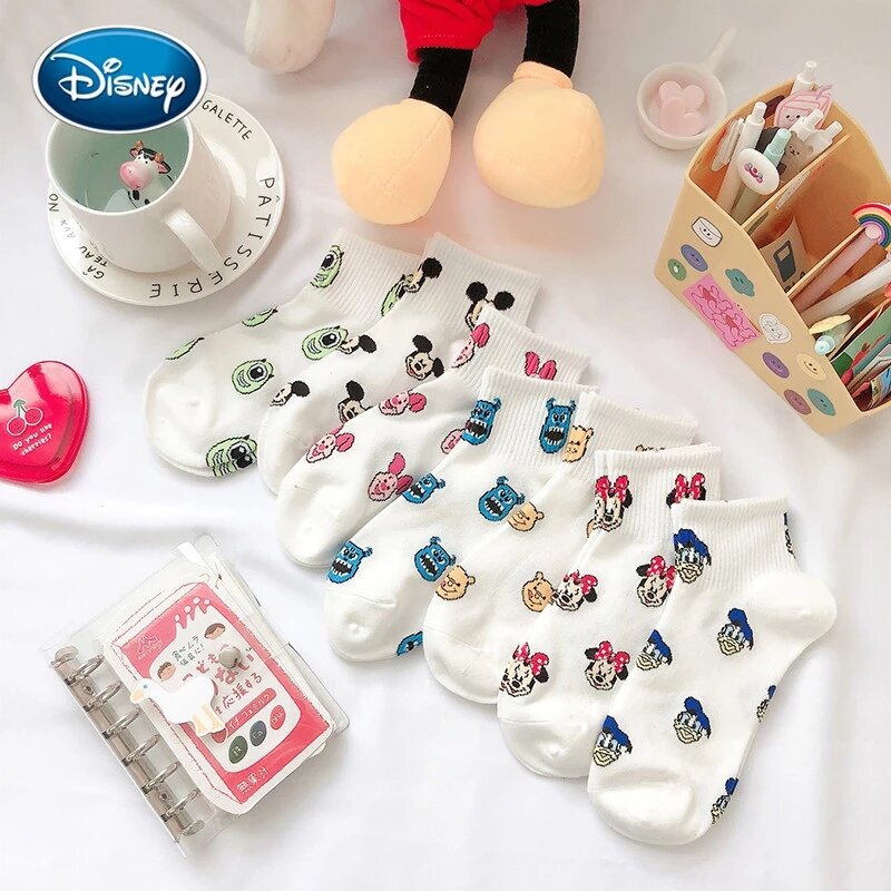 Calcetines de algodón con estampado de Mickey y Minnie para mujer, medias transpirables de Disney, Harajuku, color blanco