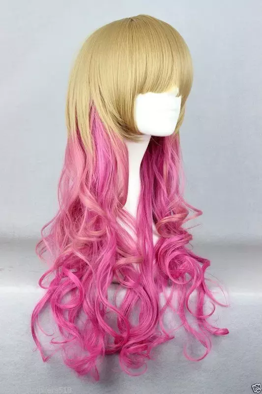 65cm Fashion Long Blonde & Pink Wavy Girl Lolita Cosplay Party Hair Wig