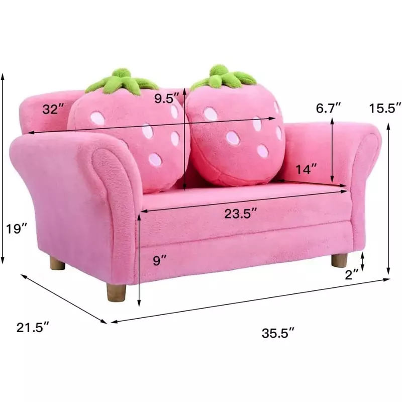 Kinder sofa, gepolsterter Kleinkinds essel mit ergonomischer Rückenlehne und 2 Erdbeer kissen, zweisitziger Kleinkinds essel