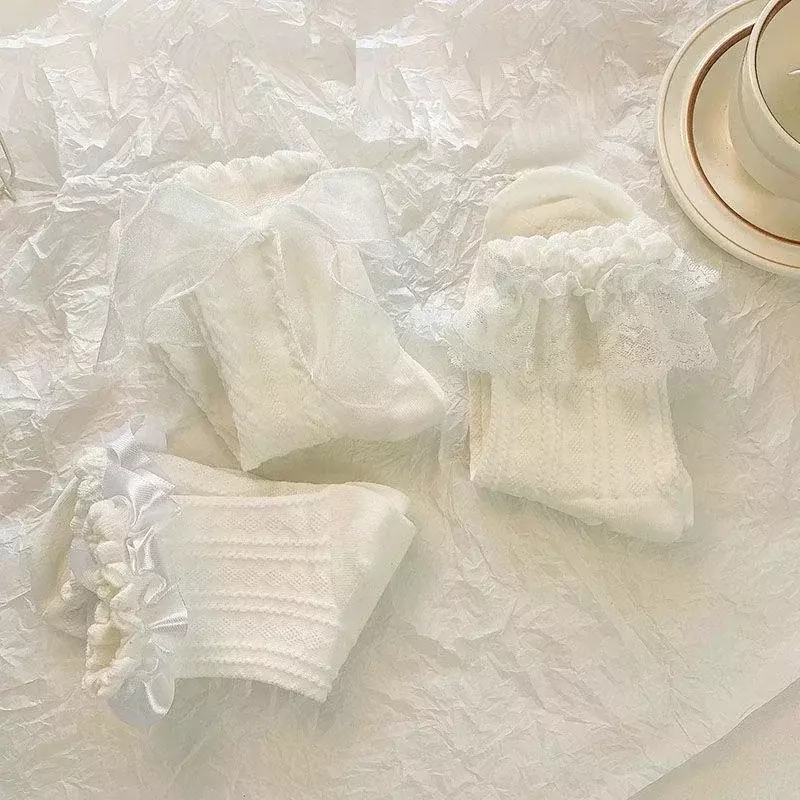 5 Pairs Lolita Socks White Bow Lace Socks Middle Tube Japanese College Style Princess Socks Sweet JK Streetwear Hosiery