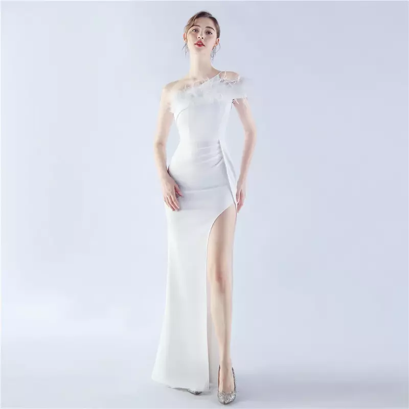 Sladuo Women Elegant One Shoulder With Feather Sleeveless Prom Dresses High Split Bodycon Long Formal Party Evening Gown Dress