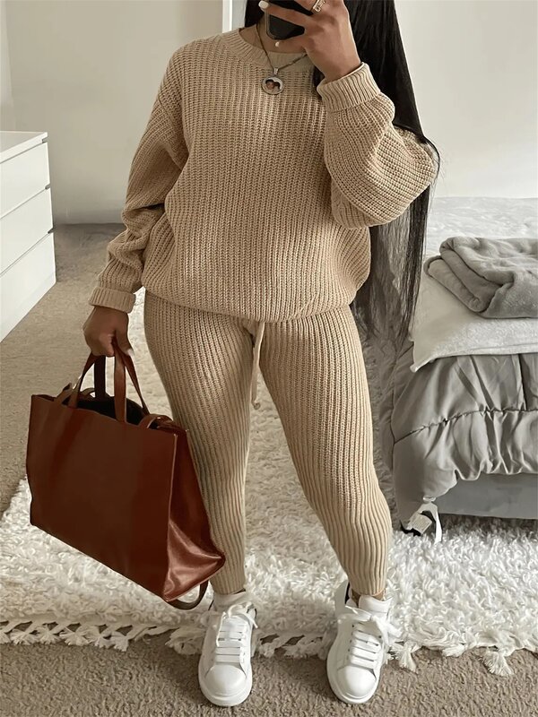 Набор из однотонных вязаных брюк LW, сезон зима-осень, 2 шт., пуловер с круглым вырезом и спущенными плечами и обтягивающие брюки на шнуровке