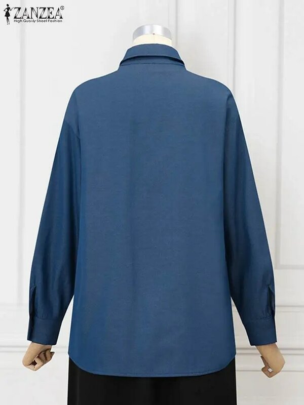 ZANZEA-Blusa jeans de manga comprida feminina, camisa casual solta, tops de bolso costurado, túnicas de trabalho grandes, moda, verão e primavera, 2024