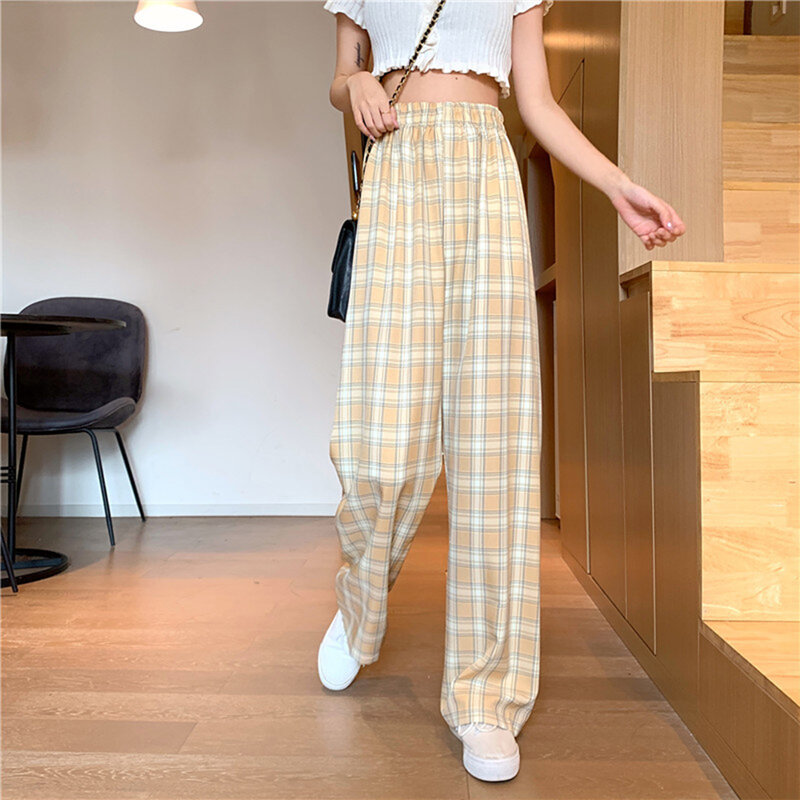 Calças oversize para mulher, estilo coreano, perna larga quadriculada, cintura alta, grade verde clara azul e roxa, rosa amarelo claro, harajuku