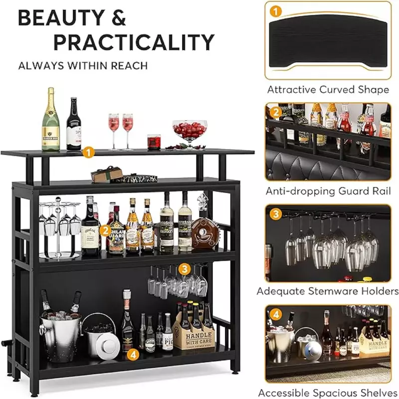Tribesigns Home Bar Table Unit with 3 Tier Storage Shelves, Small Mini Bar Counter with Front Upholstered and Metal Footrest