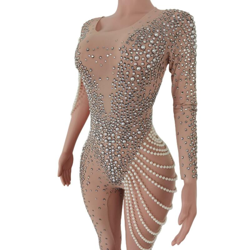 Nude Stretch kombinezon na przyjęcie dżetów moda akrobatyka kostiumy perły klub nocny odzież do tańca na rurze gumki kobiety kombinezon