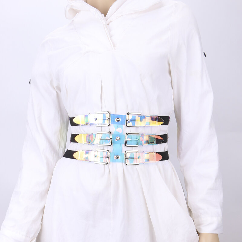 Três linhas Elástico Colorido Transparente das Mulheres cintura de vedação multidimensional Cintos Cinto Para Camisa Brasão Espartilho festa Night show