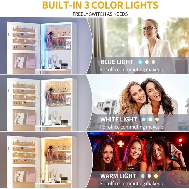 LED Jewelry Mirror Cabinet 47.2", Wall/Door Armoire Organizer, Full-Length Mirror with Storage, Over The Door Hanging Mirror