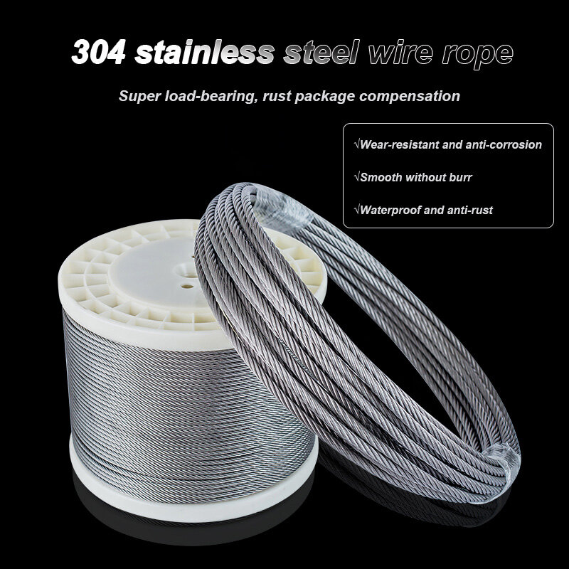 304 Stainless Steel Wire Rope Lifting Wire Rope 0.3/0.4/0.5/0.6/0.45/0.5/0.6/0.8/1/1.2/1.5/2/2.5/3/4/5/6/8/10/16mm 1x7 7x7 7x19