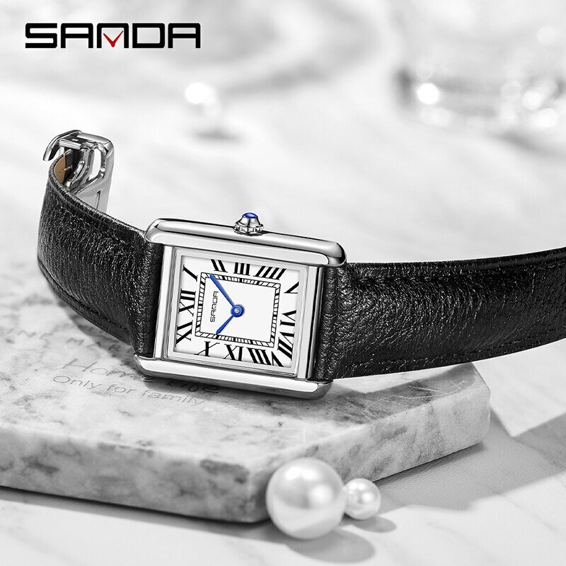 Relógio de quartzo masculino e feminino Sanda, 30m à prova d'água, casual, moda, pulseira de couro, mostrador quadrado, resistente ao desgaste