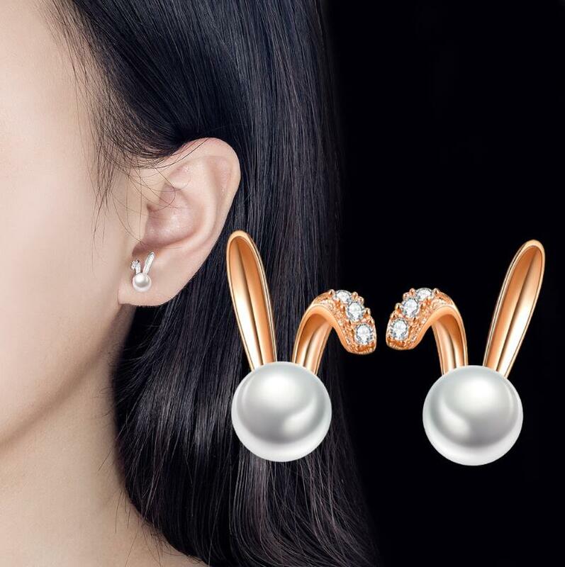 925 Sterling Silver Cute bunny Earrings for Women Wedding Engagement Ear shell pearl Hypoallergenic Brincos BSE463